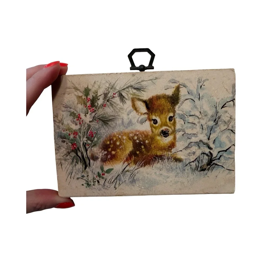 Vintage Fawn Deer Winter Christmas Wood Wall Plaque Glitter Accents Rustic Decor
